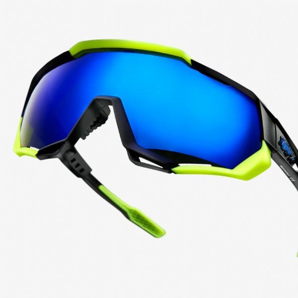100-Speedtrap-Polished-Black-Neon-Yellow-Electric-Blue-Mirror-Lens-Clear-Lens