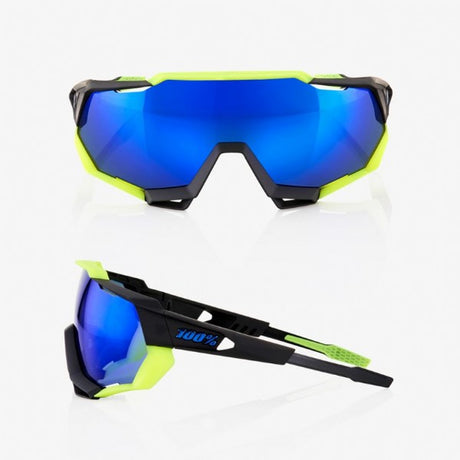 100-Speedtrap-Polished-Black-Neon-Yellow-Electric-Blue-Mirror-Lens-Clear-Lens