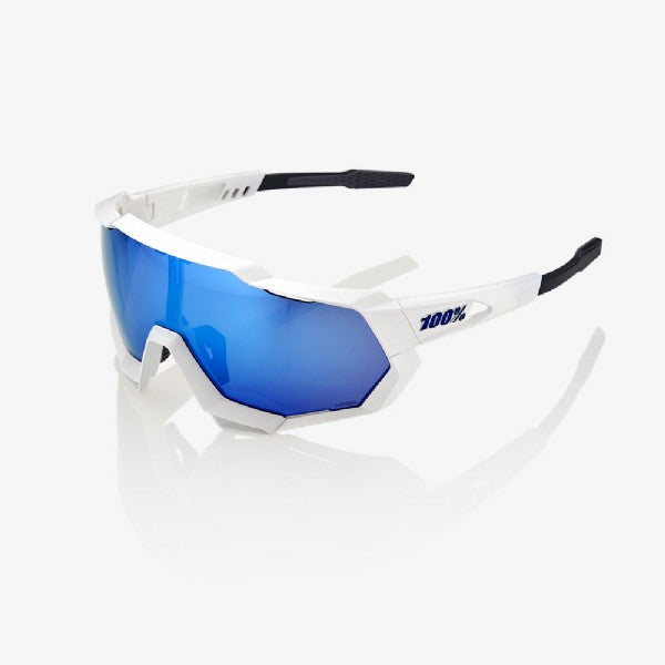 100% Speedtrap Matte White/ HiPER Blue Multilayer Mirror Lens + Clear Lens