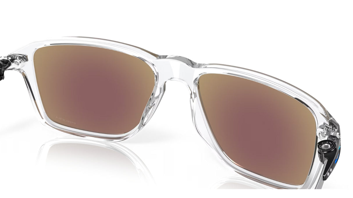 Oakley Wheel House Polished Clear Prizm Sapphire voorzijde achterzijde nabij